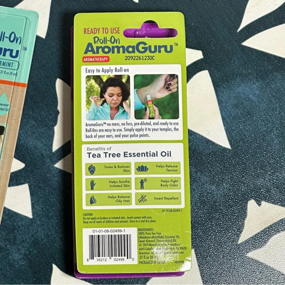 NEW AROMA GURU 3 Roll on Tea Tree Oil Lavender Peppermint Essential Oil